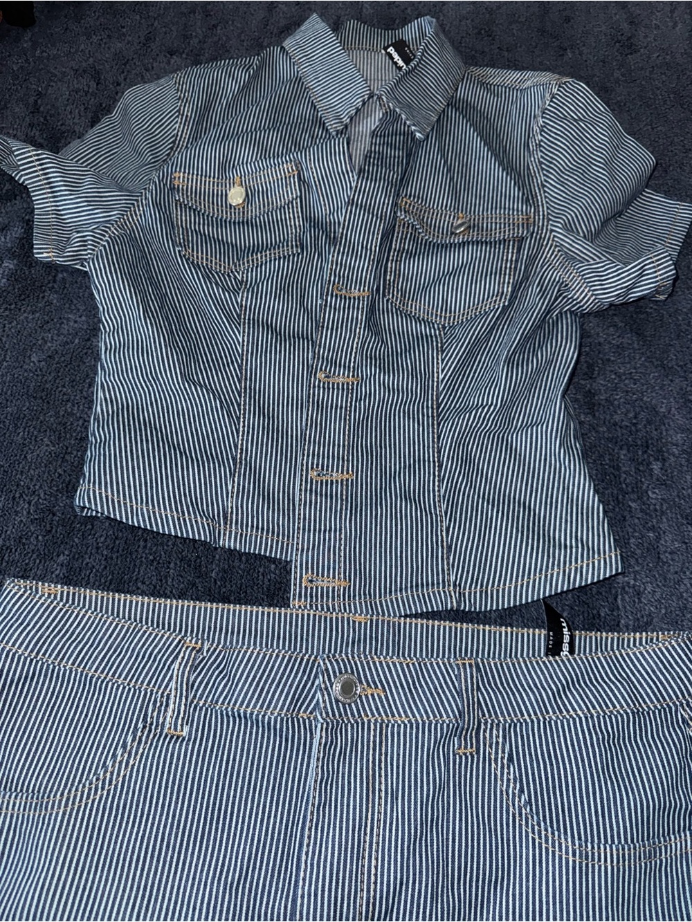 Striped Two-Piece Denim Set - Blue and White